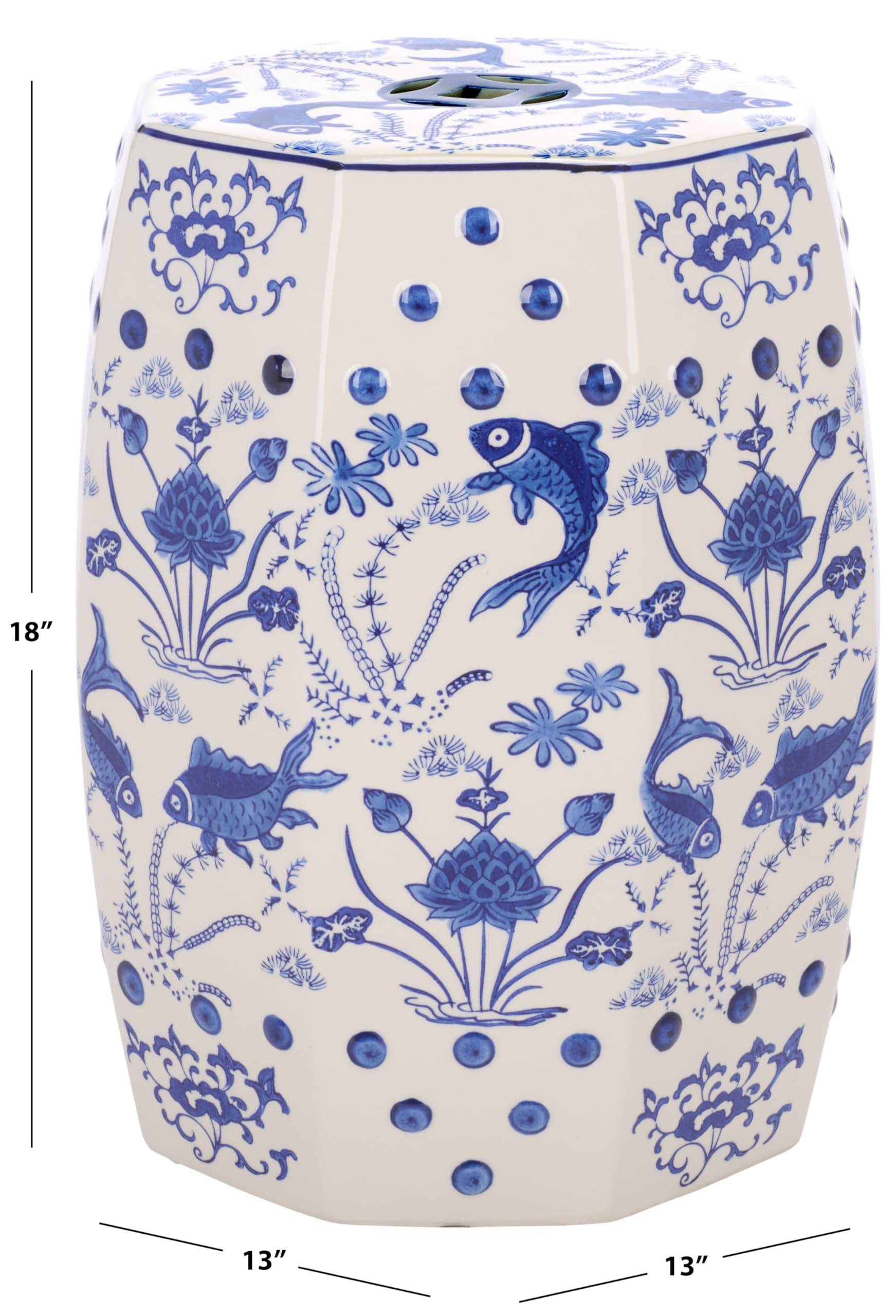 Safavieh Castle Gardens glazed ceramic stool close-up highlights a refined chinoiserie motif