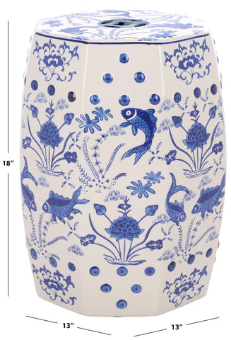 Safavieh Castle Gardens glazed ceramic stool close-up highlights a refined chinoiserie motif