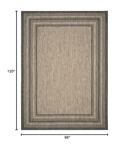 Safavieh Courtyard 8x10 natural-black outdoor rug in a patio scene highlighting weather resistance.