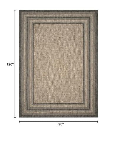 Safavieh Courtyard 8x10 natural-black outdoor rug in a patio scene highlighting weather resistance.