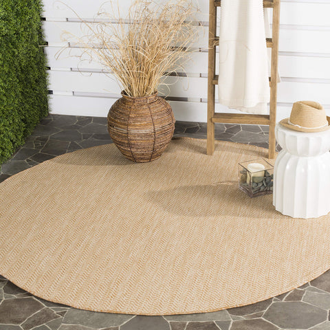 Safavieh Courtyard round outdoor rug in natural-cream tone enhances patio durability and style.
