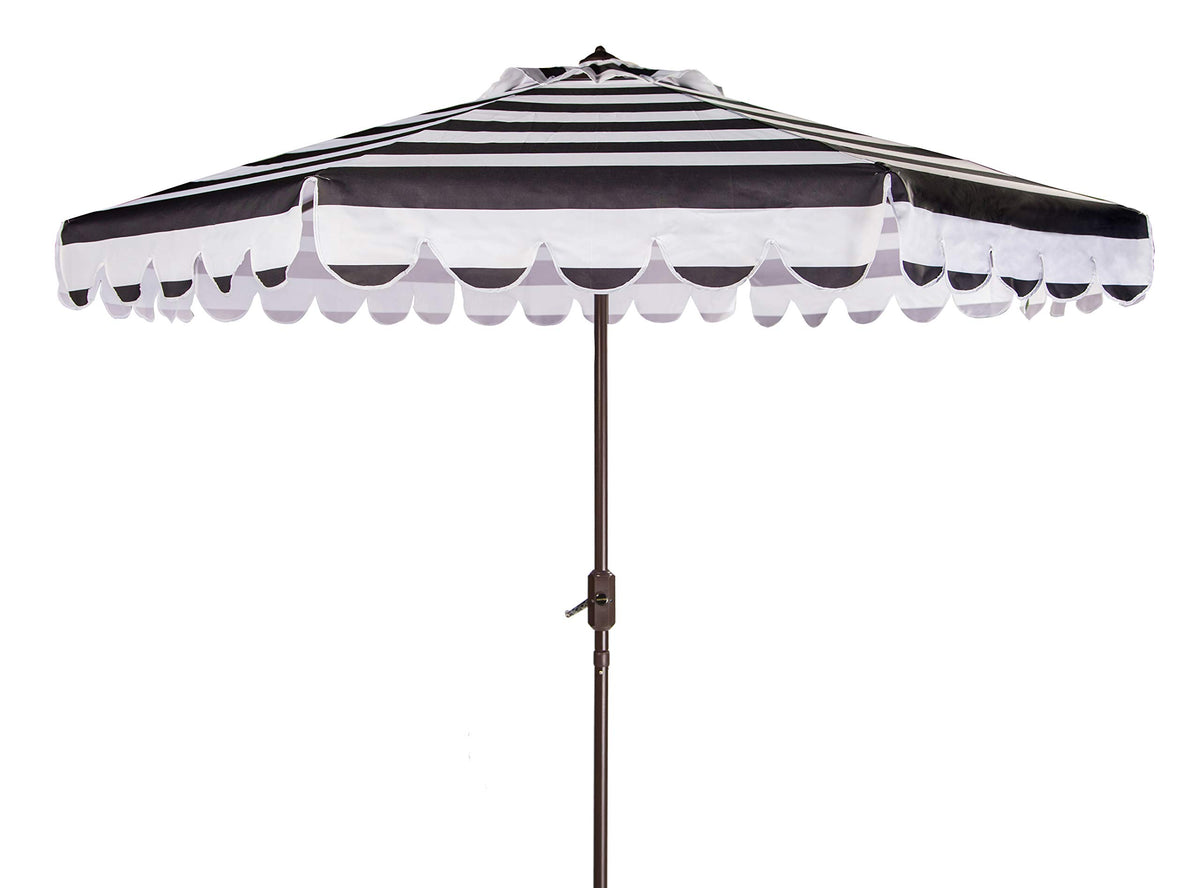 SAFAVIEH Maui round umbrella with black and white stripe provides stylish sun protection.