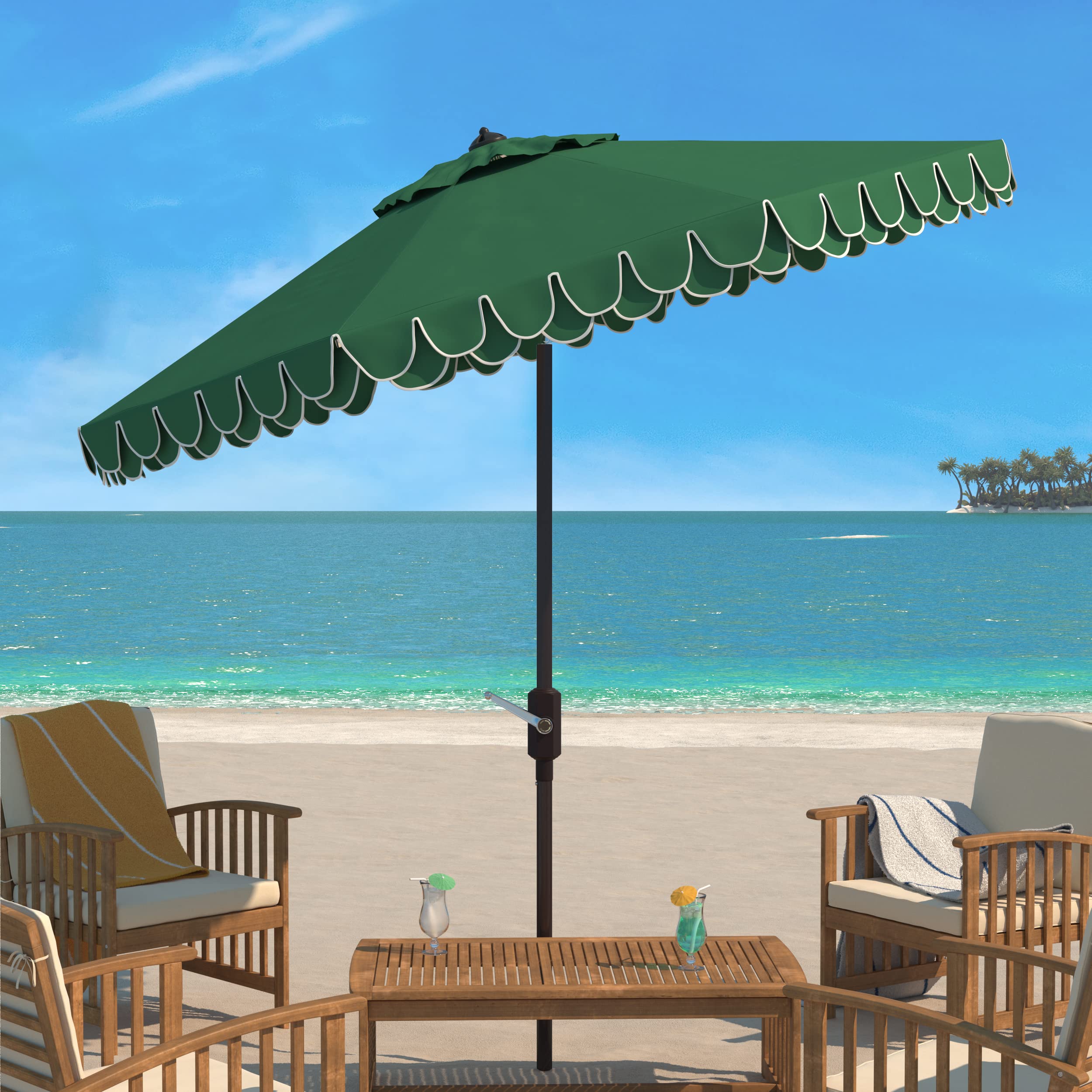SAFAVIEH auto crank tilt features easy shade adjustment for sunny days.