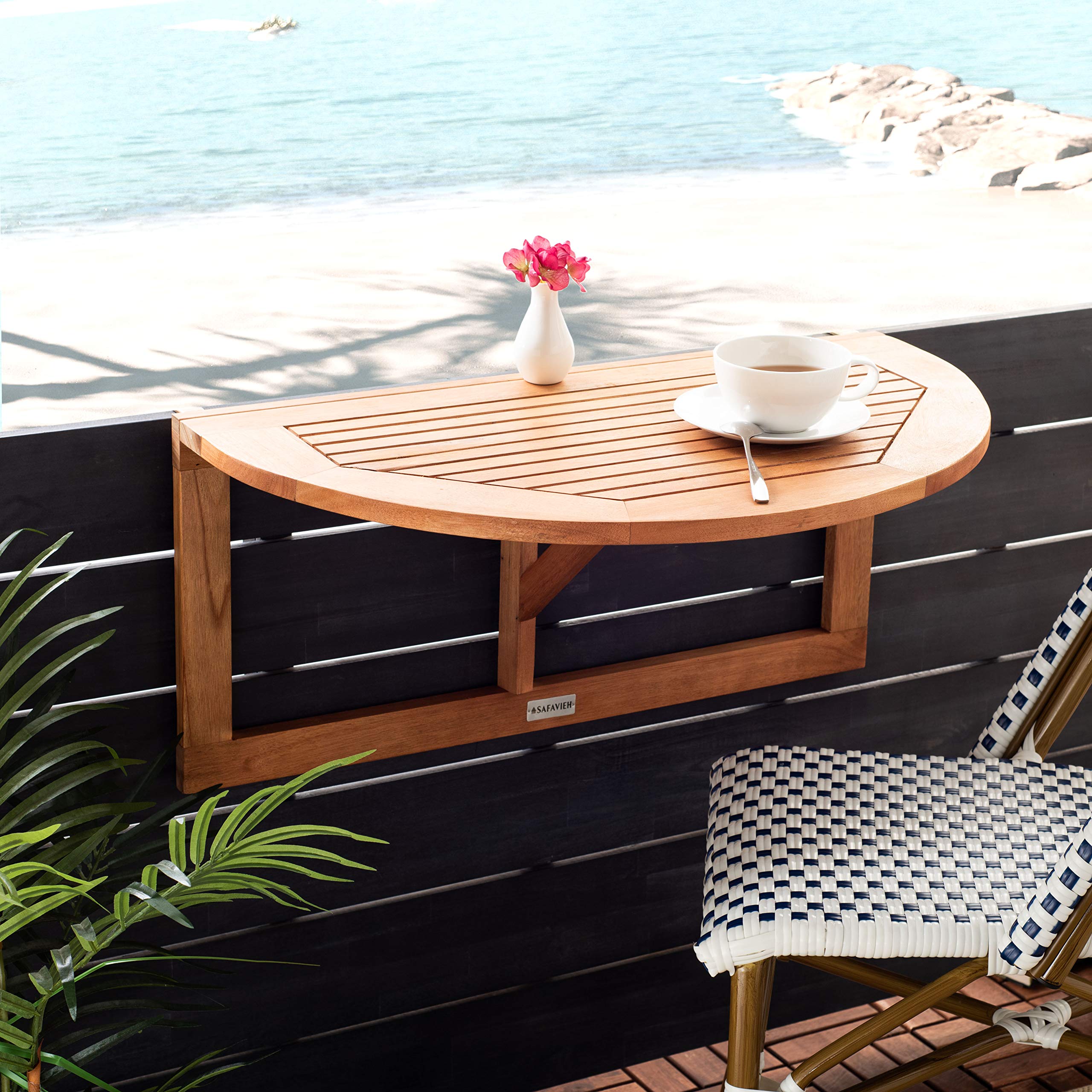 Safavieh Owens outdoor half-table in eucalyptus finish for compact outdoor spaces