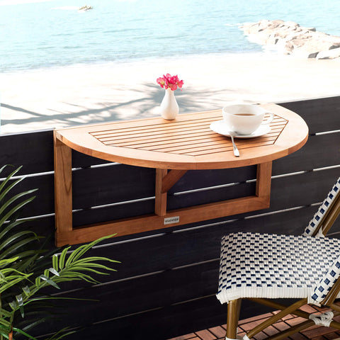 Safavieh Owens outdoor half-table in eucalyptus finish for compact outdoor spaces
