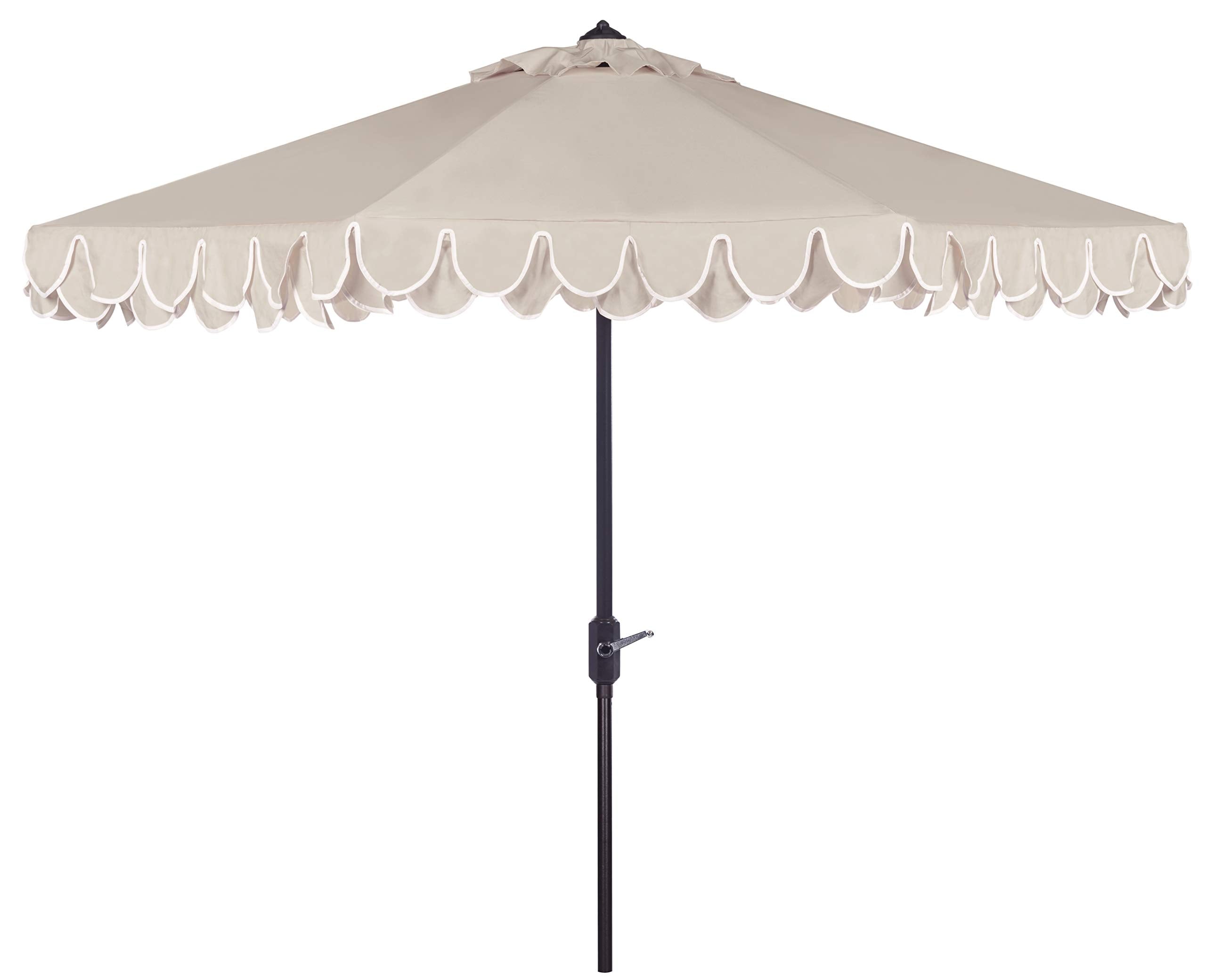 SAFAVIEH round canopy with beige and white trim provides chic outdoor shade.