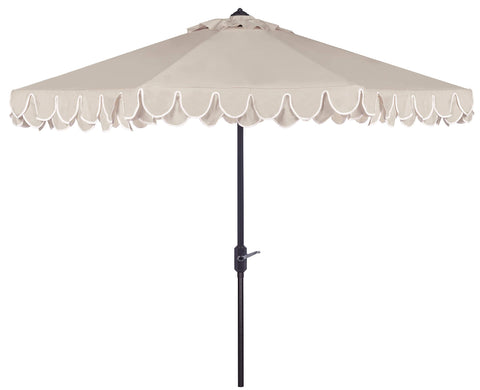 SAFAVIEH round canopy with beige and white trim provides chic outdoor shade.