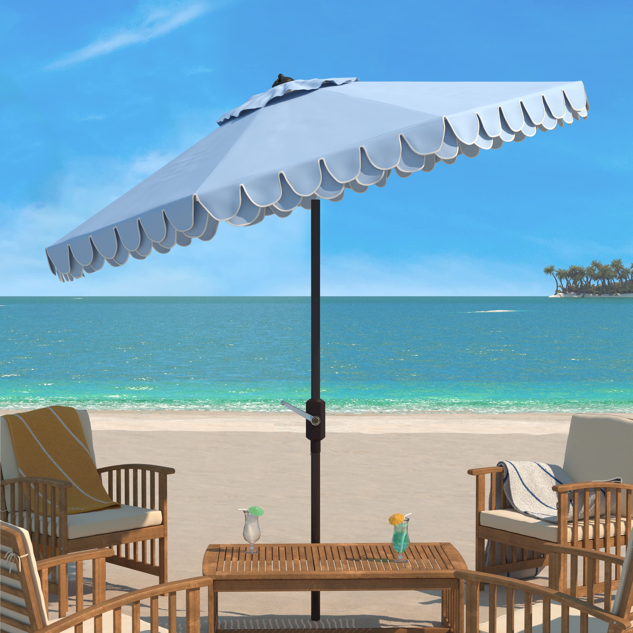 SAFAVIEH umbrella valance detail adds stylish flair to outdoor lounging spaces.