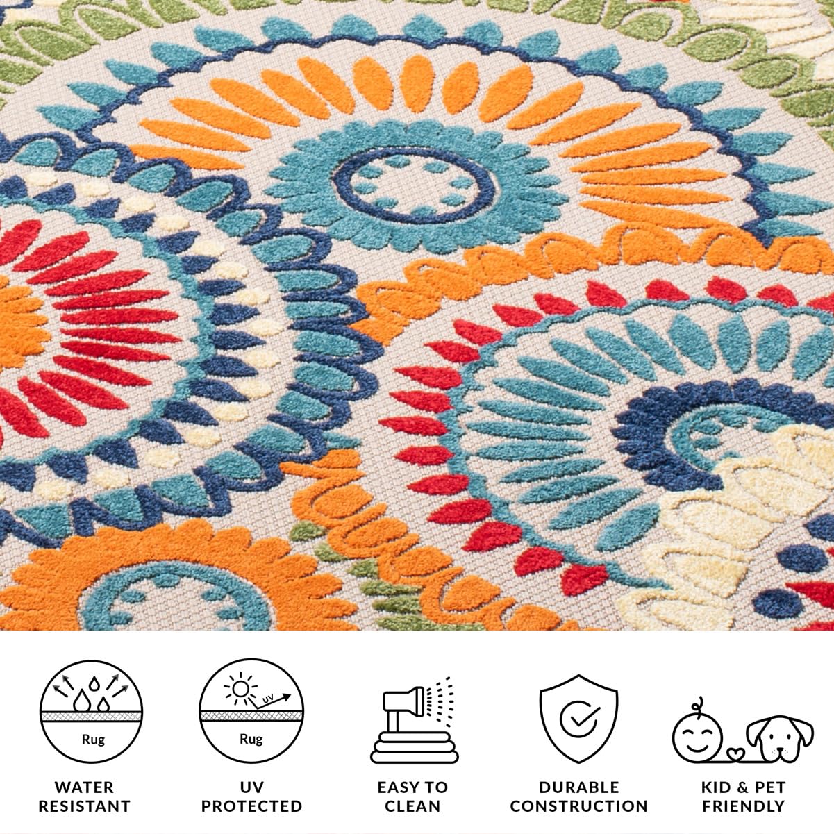 Safavieh Cabana rug under bright sun, UV-resistant to help preserve color.