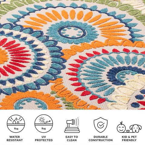 Safavieh Cabana rug under bright sun, UV-resistant to help preserve color.