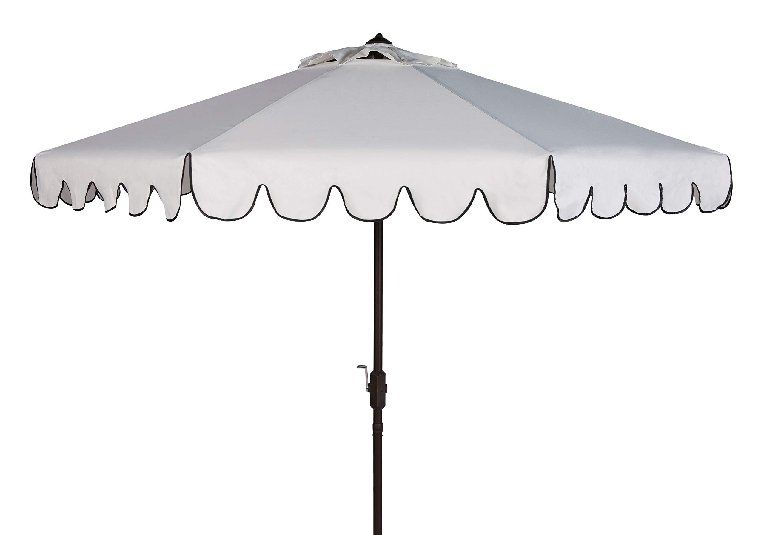 Safavieh Venice round umbrella with ivory-black trim provides stylish shade for decks.