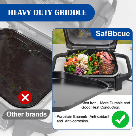 SafBbcue large 17.8 by 12.3 inch surface on Ninja Woodfire XL for family-style meals.