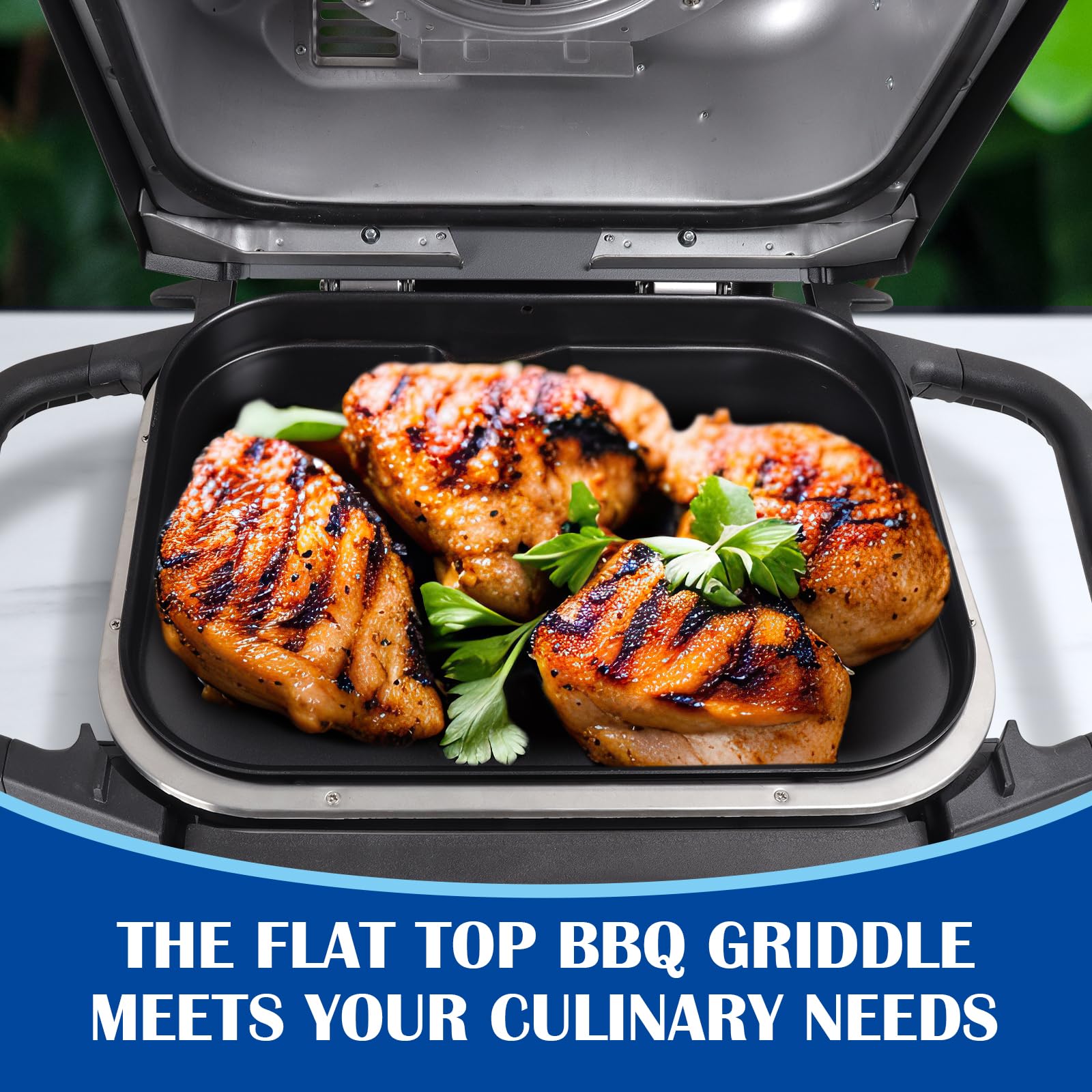 SafBbcue griddle plate used outdoors for breakfast items on the grill surface.