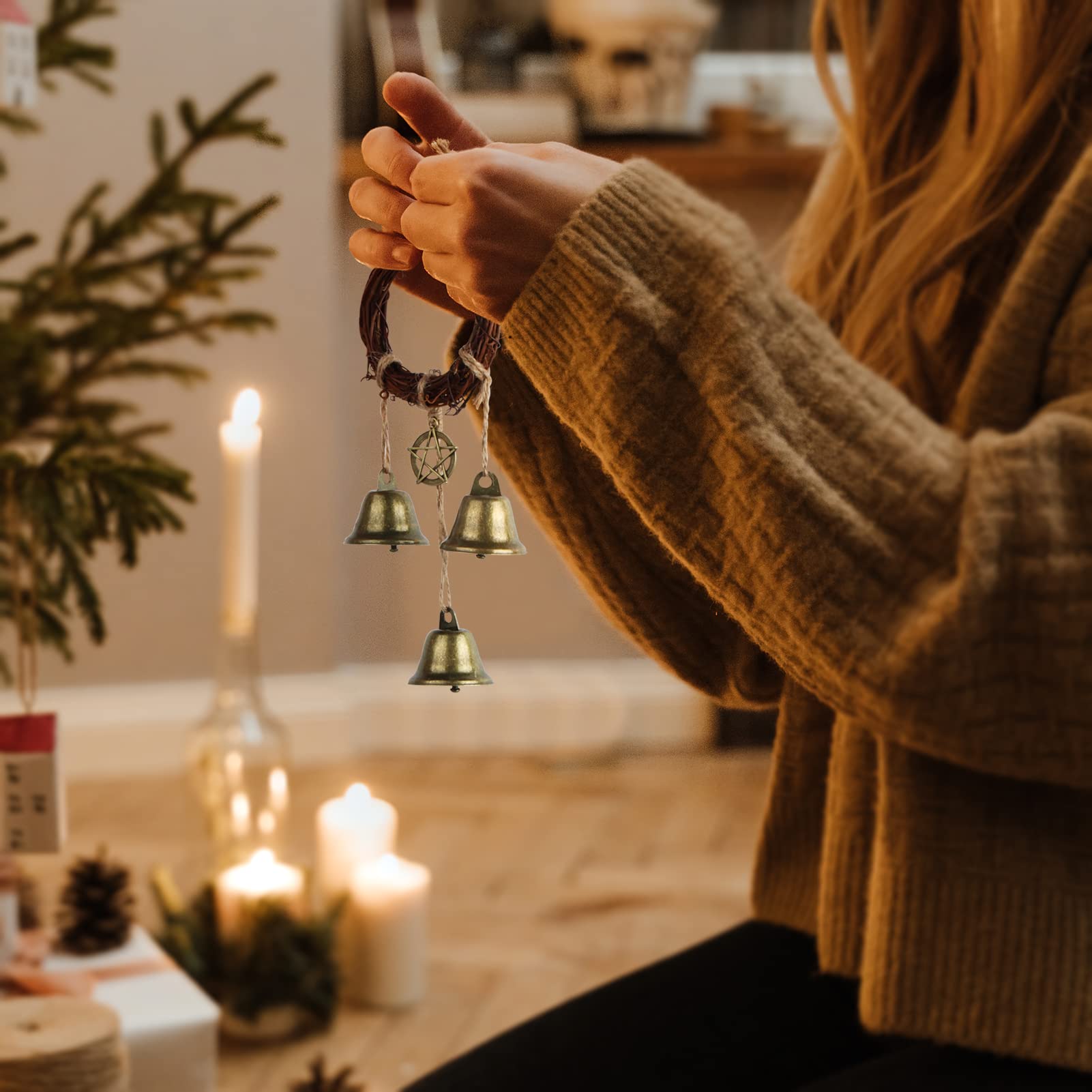 Safcare Witch Bells pentagram closeup accents sacred space and complements Wiccan altar setups.