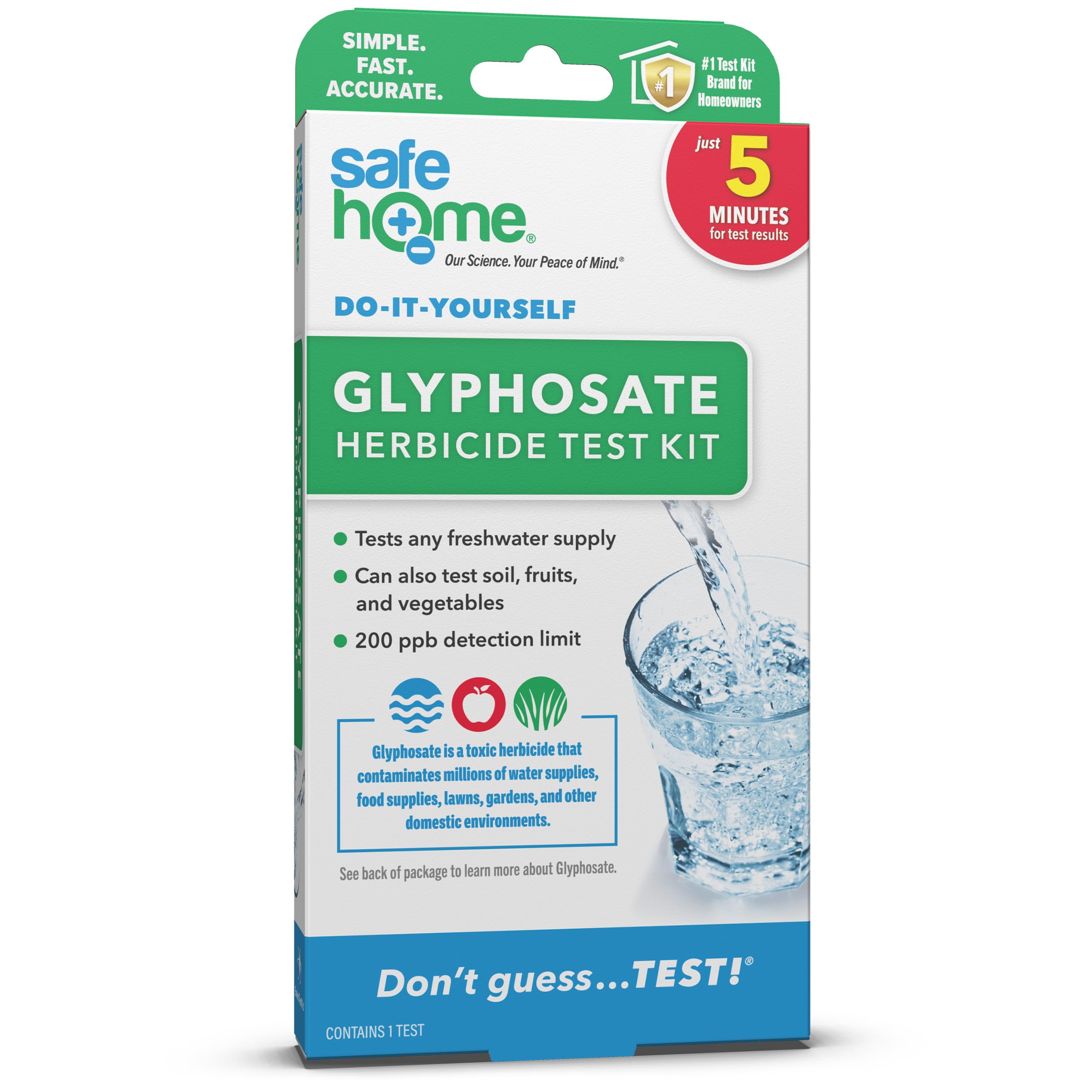 Safe Home Glyphosate Test Kit packaging for easy at-home testing and quick results.
