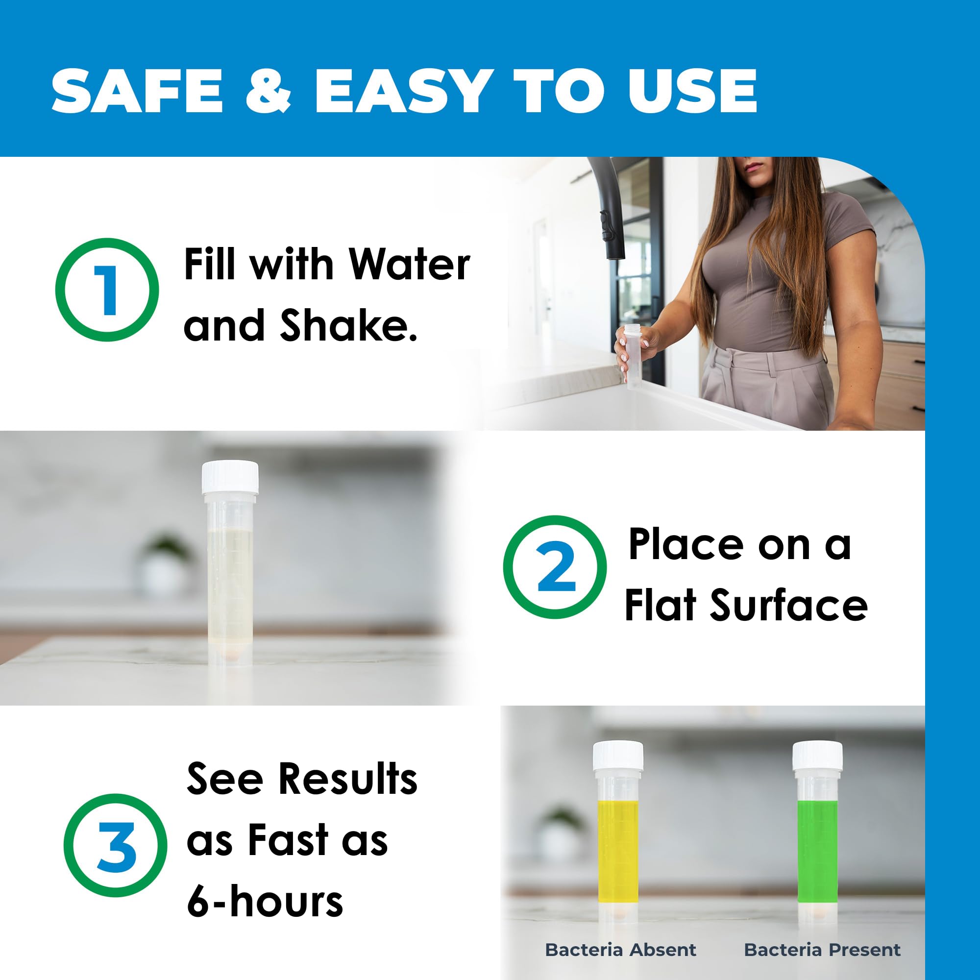 Safe Home tri-lingual instructions clarify testing steps.