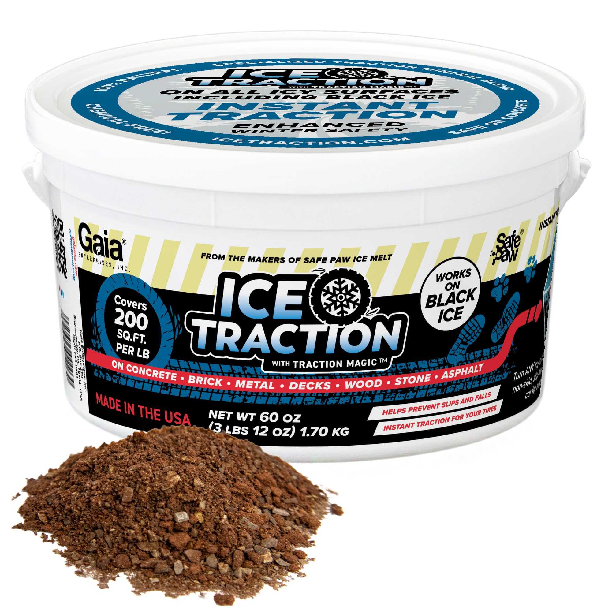 Safe Paw Ice Traction granules poured from the bucket for instant grip on slick surfaces.