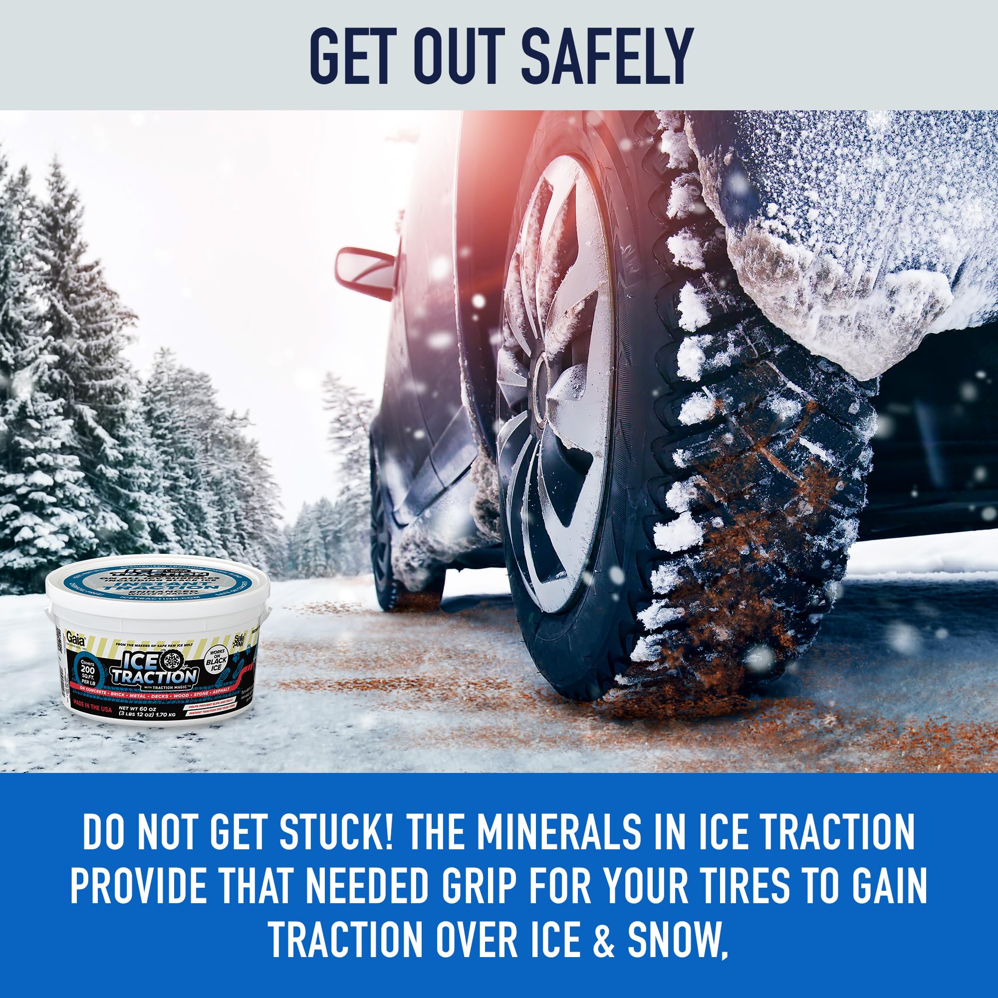Safe Paw Ice Traction granules on black ice boost tire grip and safety.