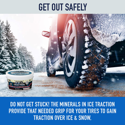 Safe Paw Ice Traction granules on black ice boost tire grip and safety.