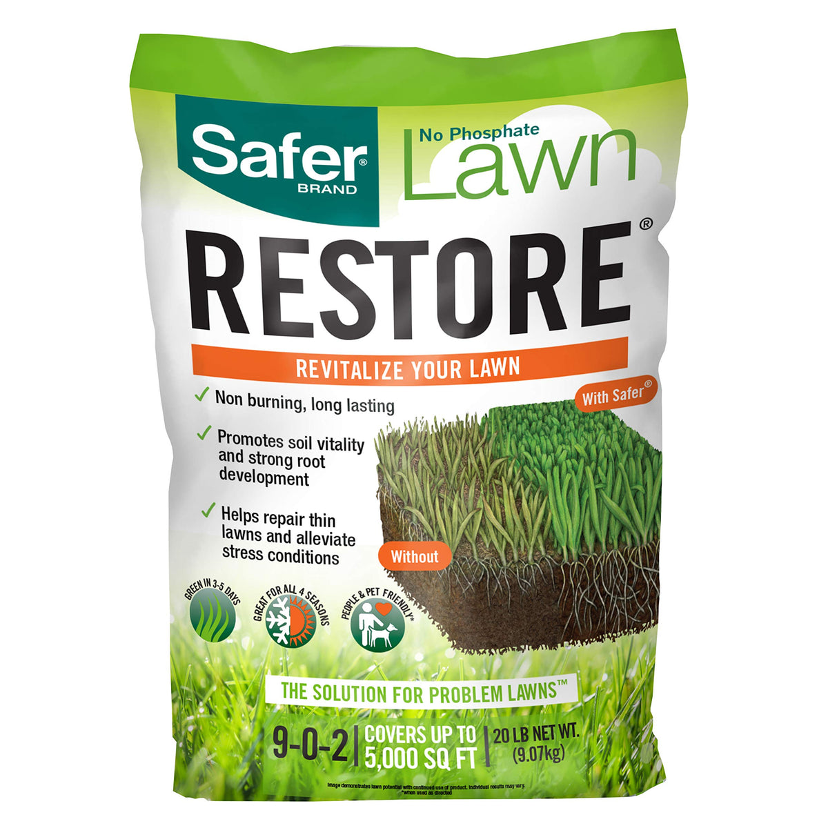 Safer Brand Lawn Restore bag ready for application to revitalize your lawn's health.