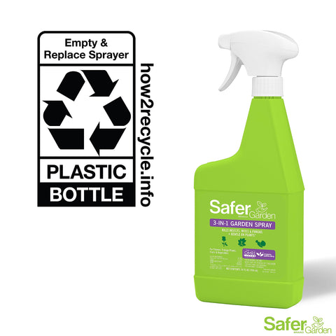 Safer Garden 3-in-1 spray close-up shows mist and droplets.