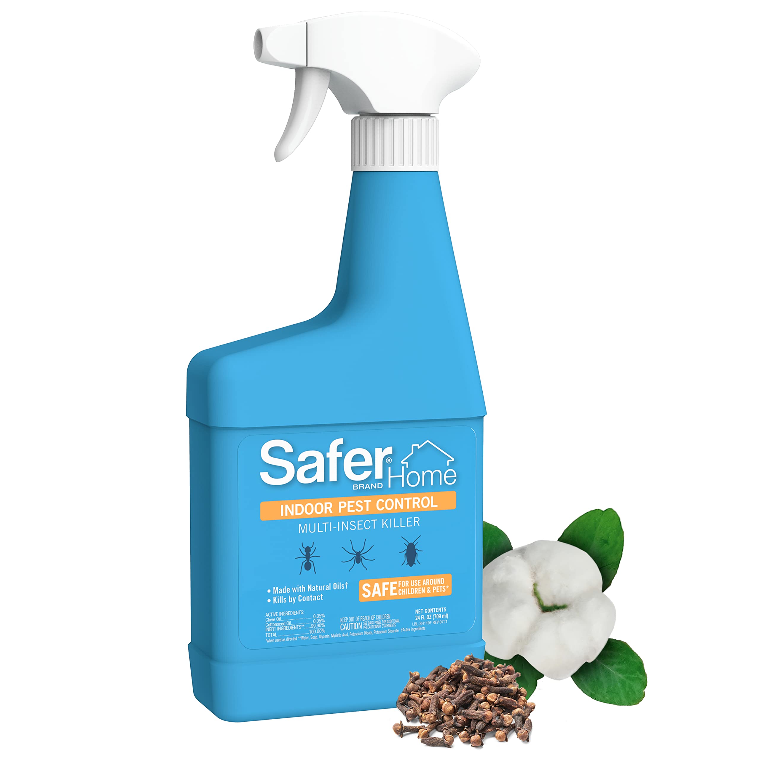 Safer SH110 indoor spray bottle close-up highlighting natural oil formula for home pest control.