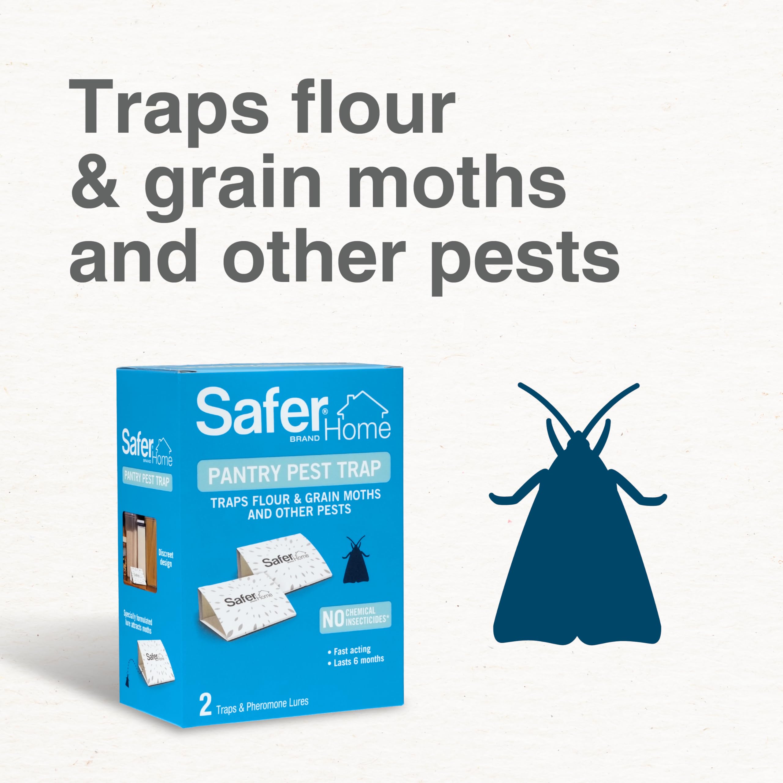 Two-trap pack illustrates dual protection for pantries and storage areas