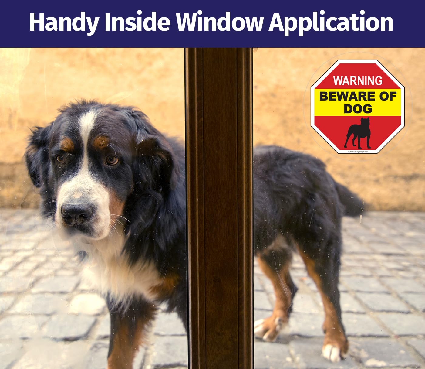 ZOCO window cling inside glass deters trespassers with bright colors.