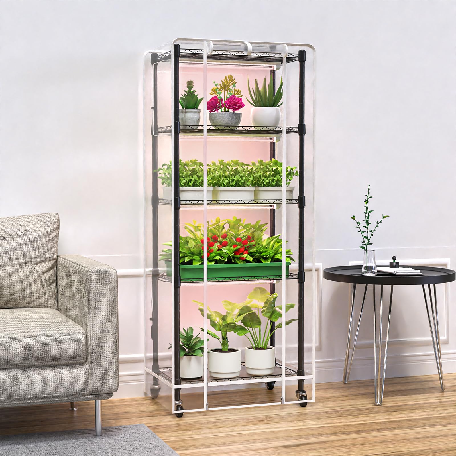 Sagrynfp five-tier shelves maximize space for multiple trays and staggered crops.