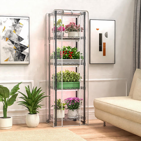 Sagrynfp five-tier greenhouse shelving maximizing tray capacity.