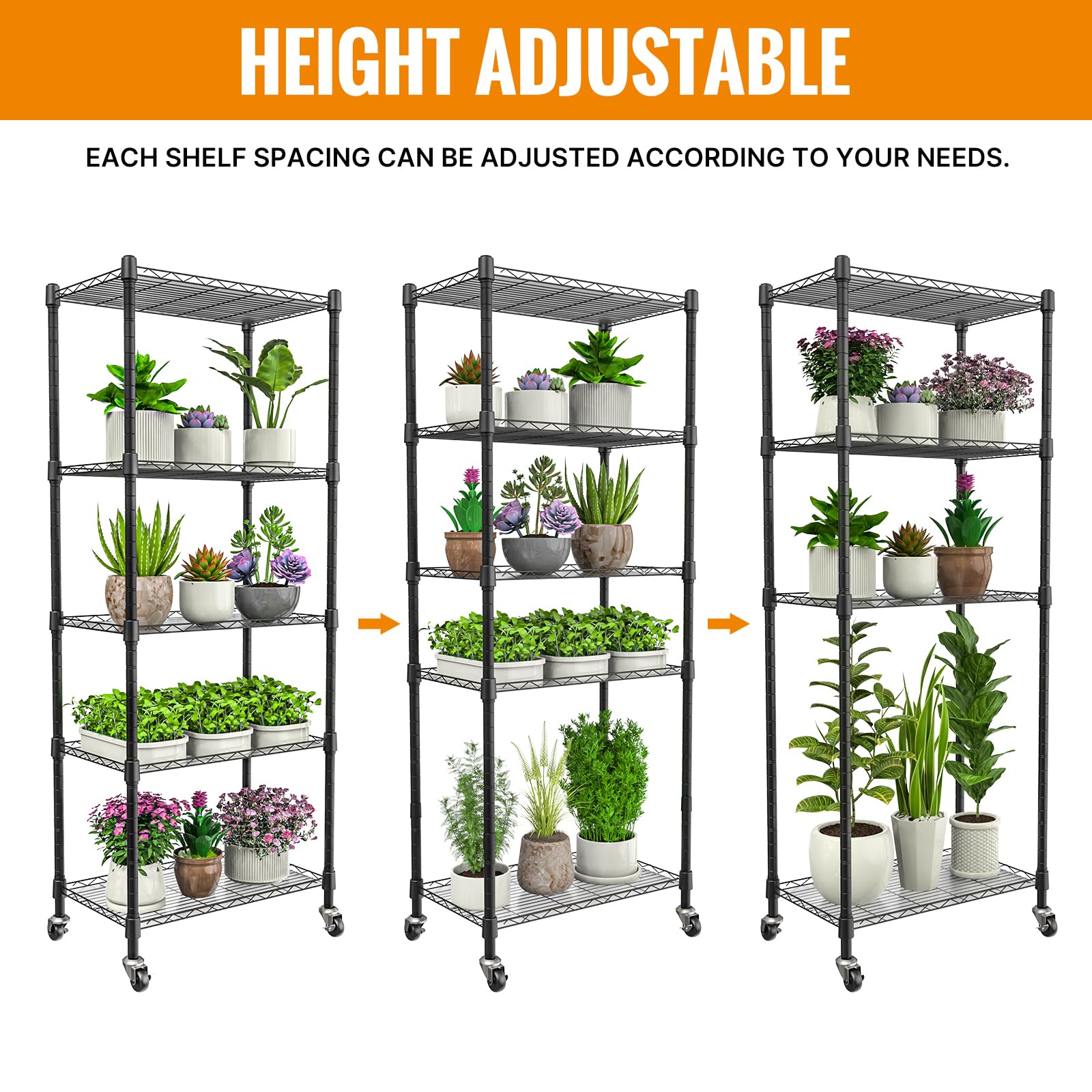 Sagrynfp adjustable shelves create room for tall herbs and compact seed trays.