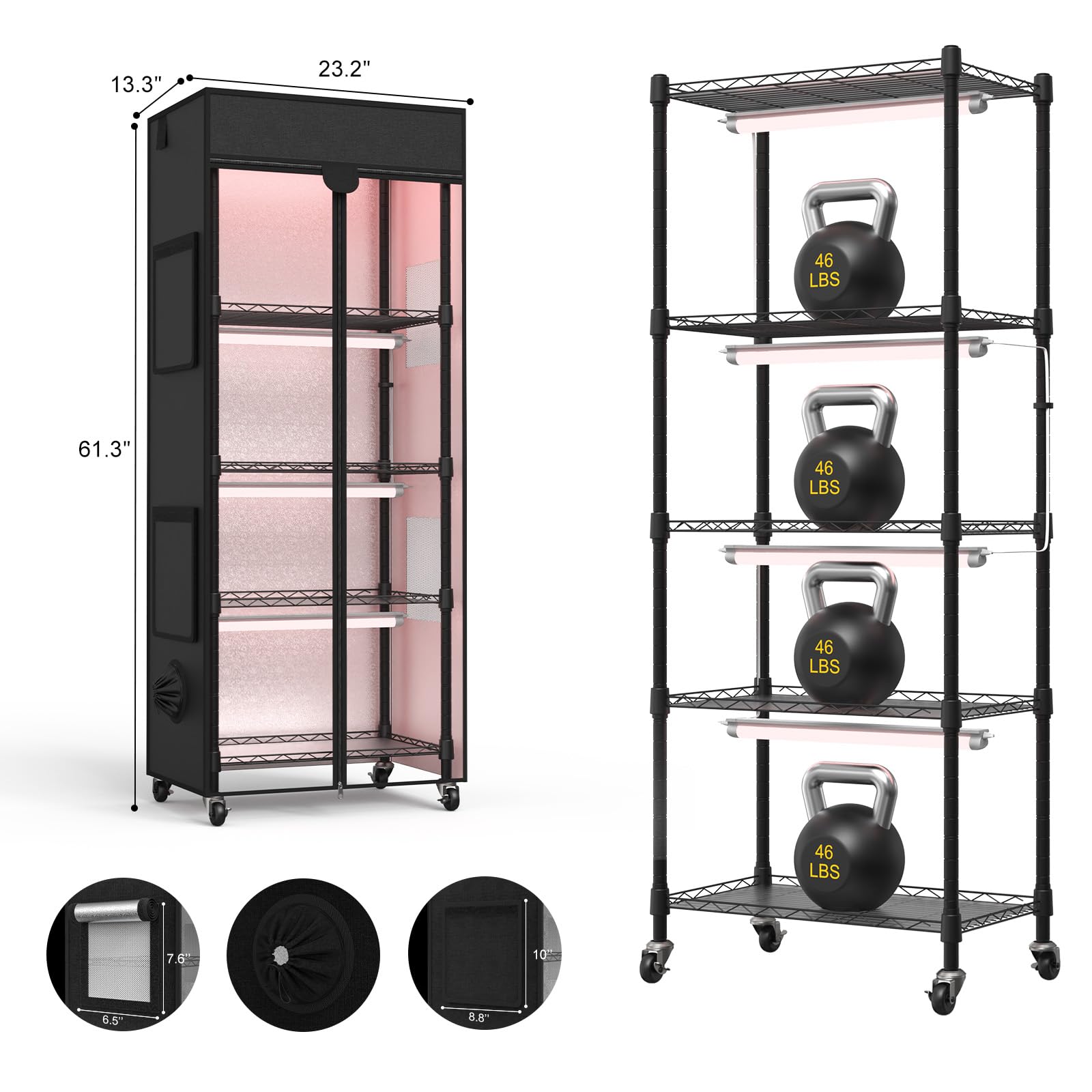 Sagrynfp adjustable shelves enable flexible spacing for seedlings and greens.
