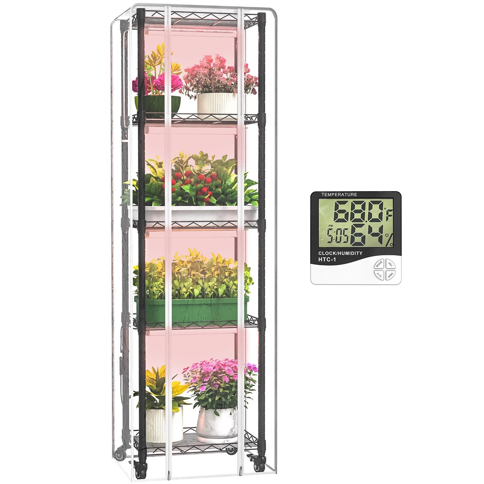 Sagrynfp indoor greenhouse with grow lights, front view for seed starting.