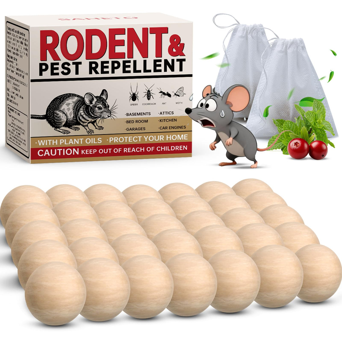 SAHETO mouse repellent balls packaging with natural peppermint formula for safe home protection.