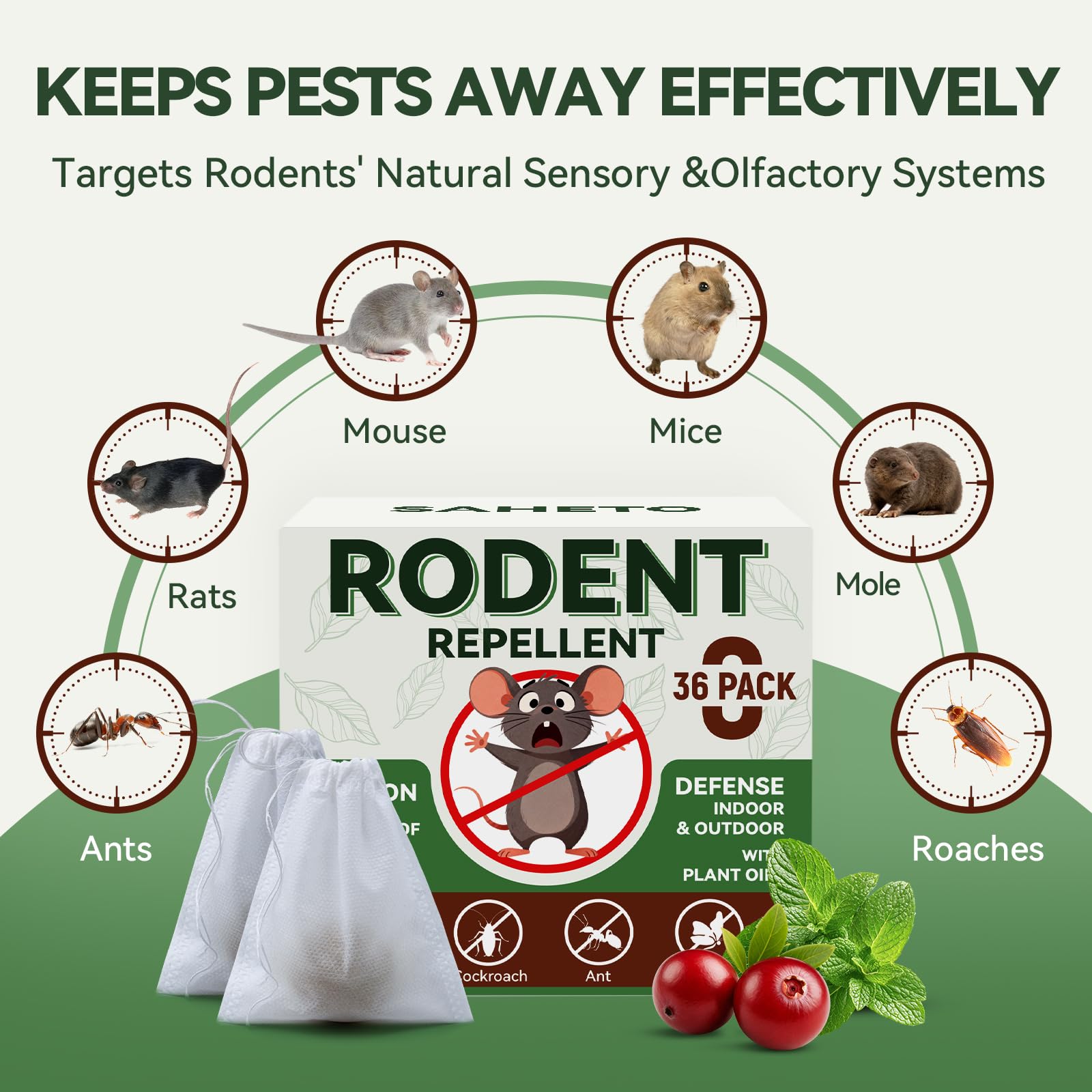 SAHETO Peppermint oil balls focusing on fresh scent and rodent deterrence.