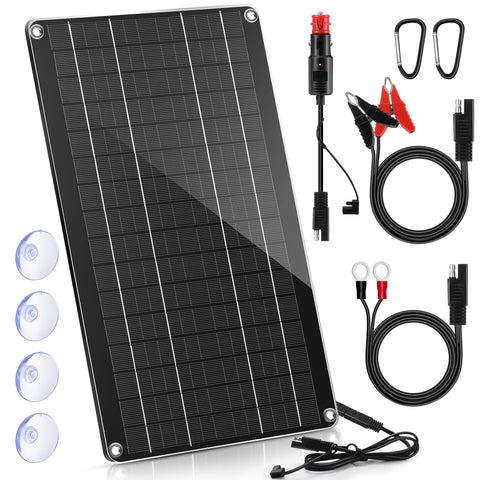 Saillong 10W solar panel under sun keeps 12V battery charged.