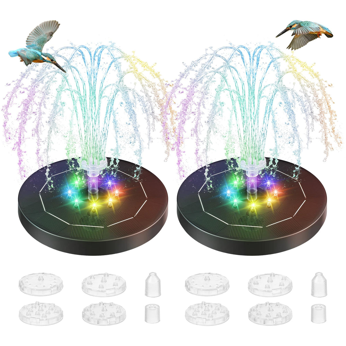 Saillong 2-pack solar bird bath fountain pump with six nozzles for versatile patterns.