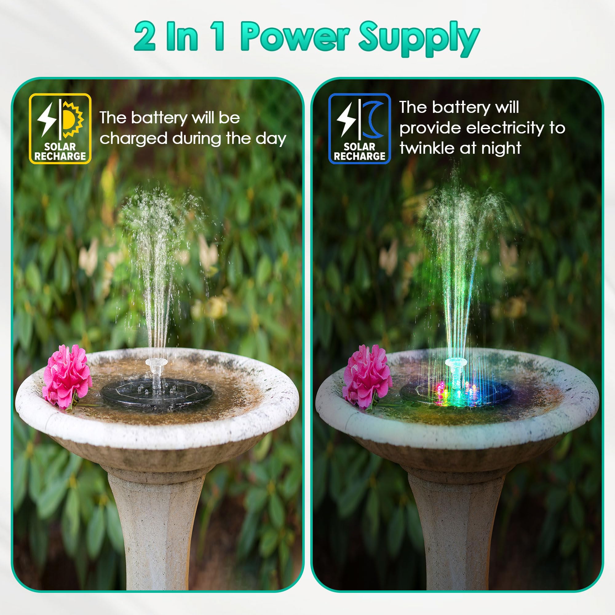 Saillong LED night light fountain adds soft garden illumination.