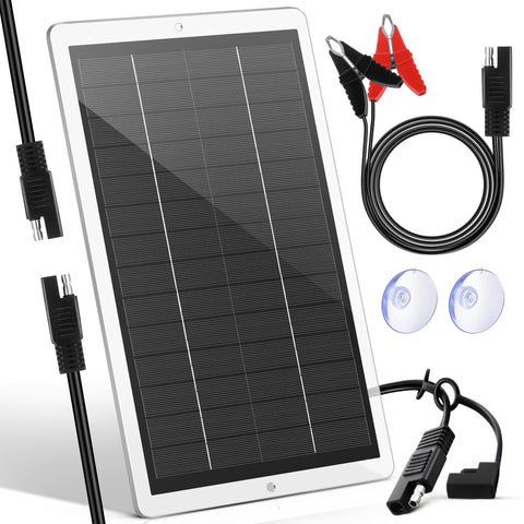 Saillong 2.5W solar panel powers 12V battery maintenance in a compact setup.