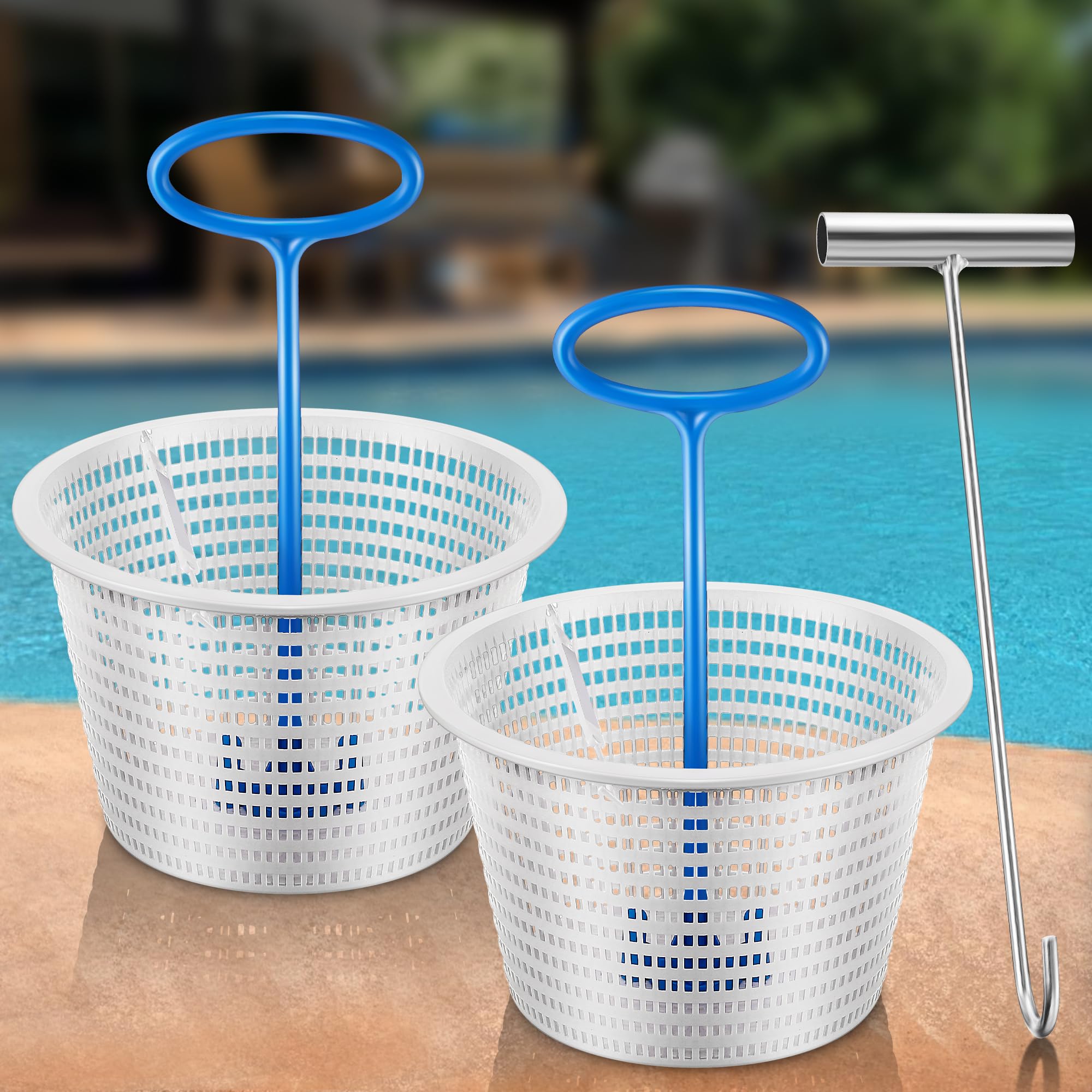 Saillong two-8-inch white pool skimmer basket ready for debris removal.