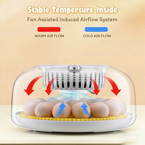Sailnovo 18-egg incubator top view highlighting even 360° airflow.
