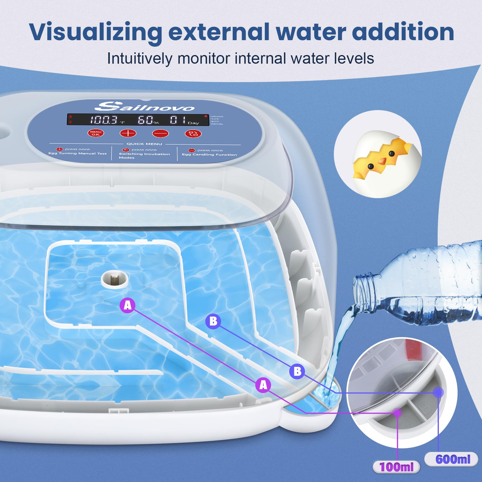 Sailnovo built-in egg turner automatically rotates eggs for uniform development