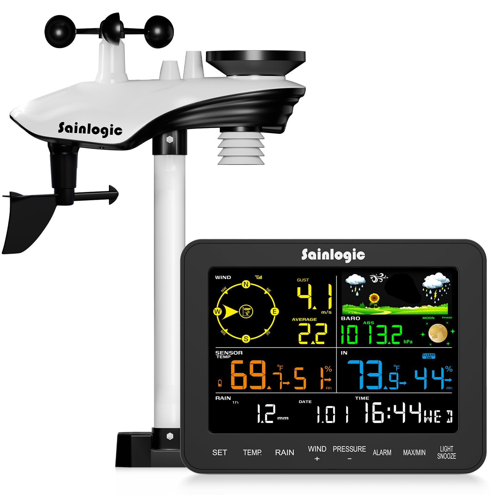 Sainlogic SA6 with a 6.5-inch color display showing live weather at a glance