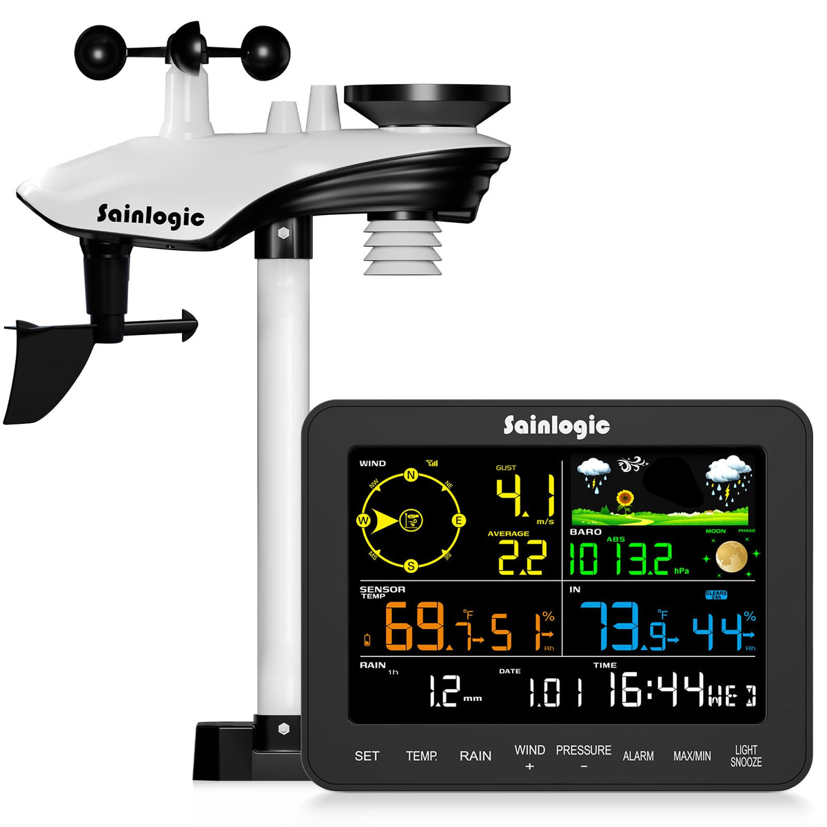 Sainlogic SA6 with a 6.5-inch color display showing live weather at a glance