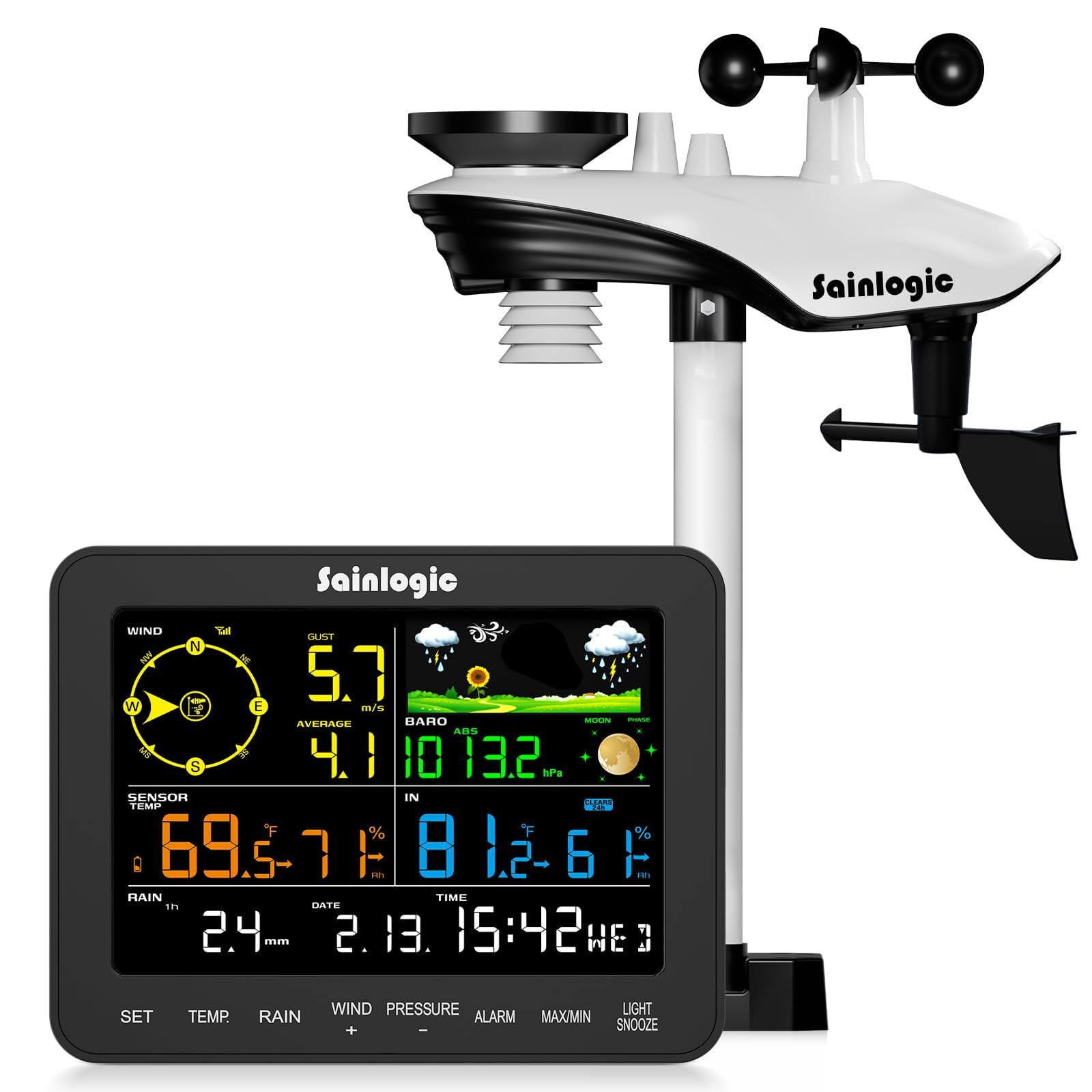 Sainlogic SA6 display front view with clear weather metrics at a glance.