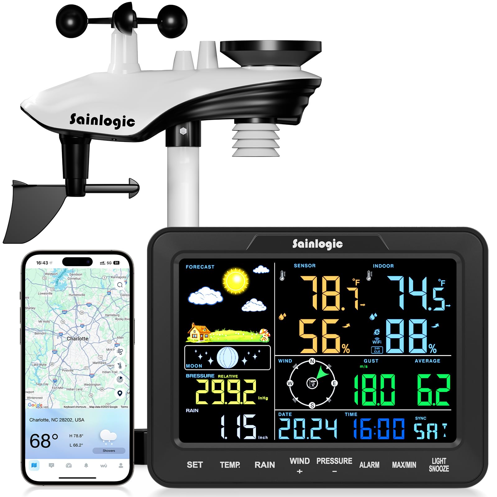 Sainlogic SA68 Plus WiFi weather station display showing live conditions for quick planning