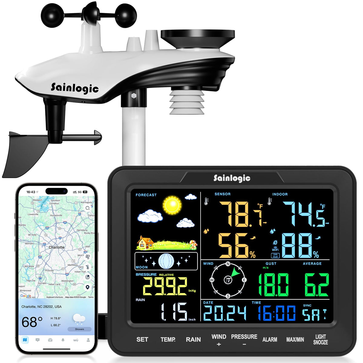 Sainlogic SA68 Plus WiFi weather station display showing live conditions for quick planning