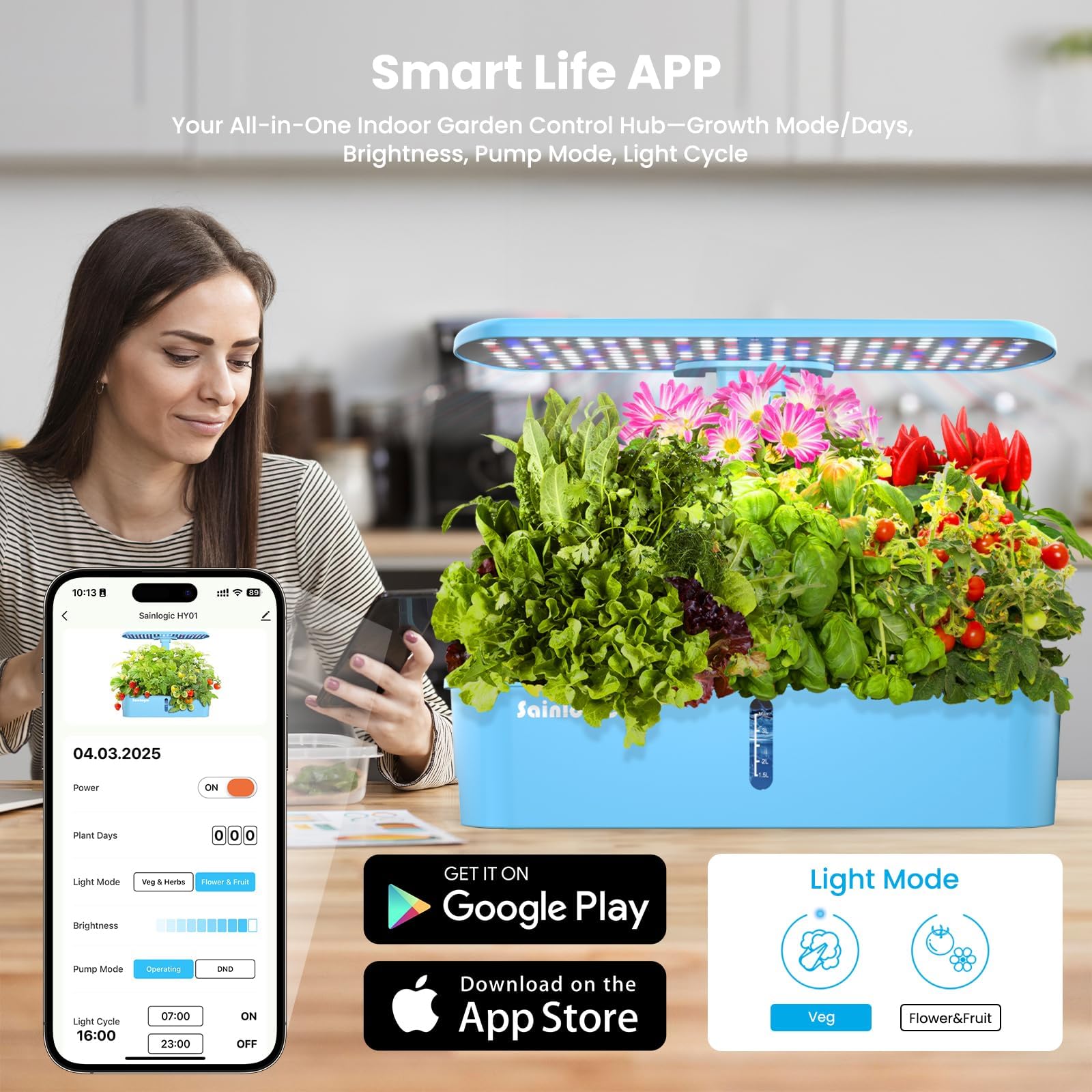 Sainlogic Smart Life app connects to the hydroponic system remotely