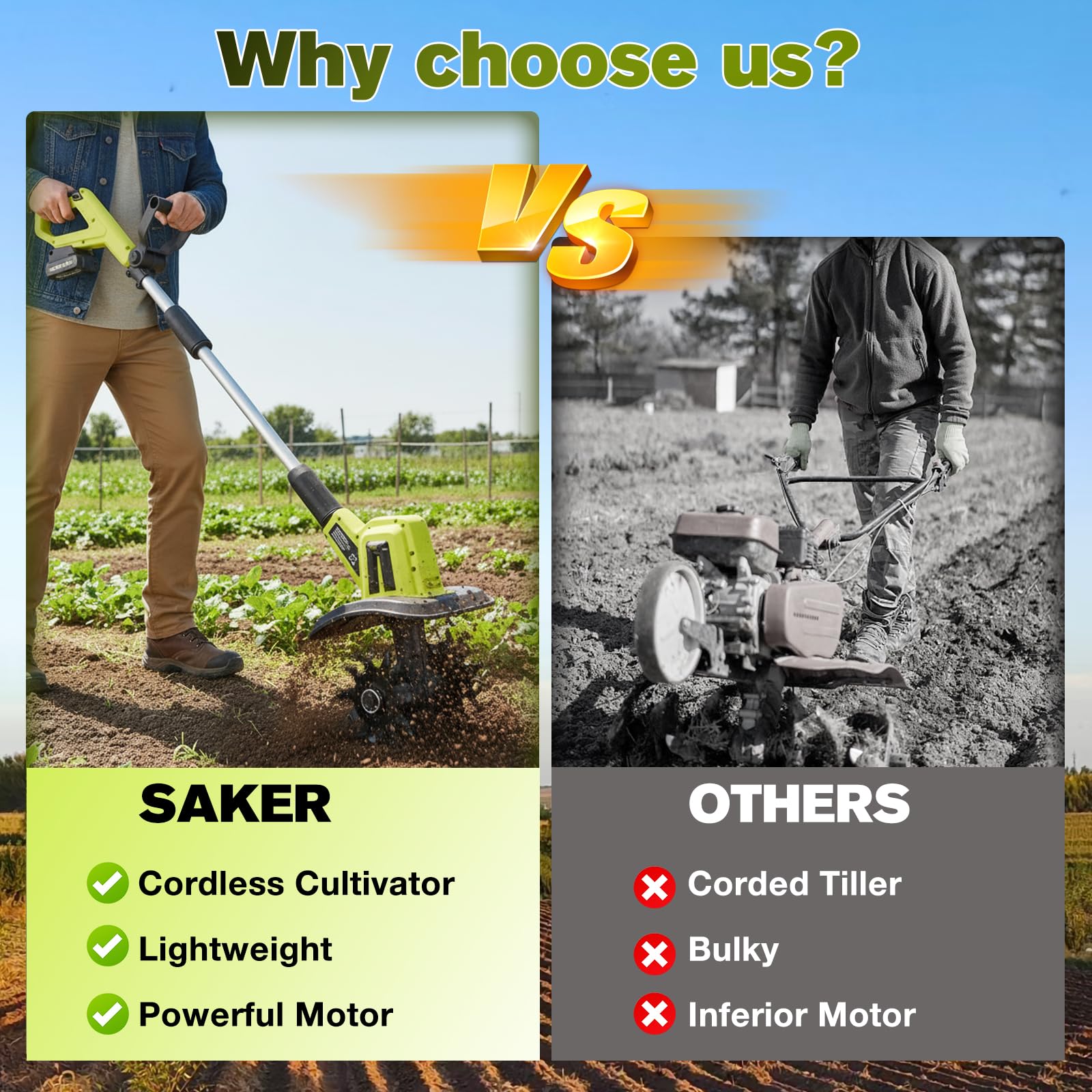 Two battery packs included with the Saker cordless tiller kit.