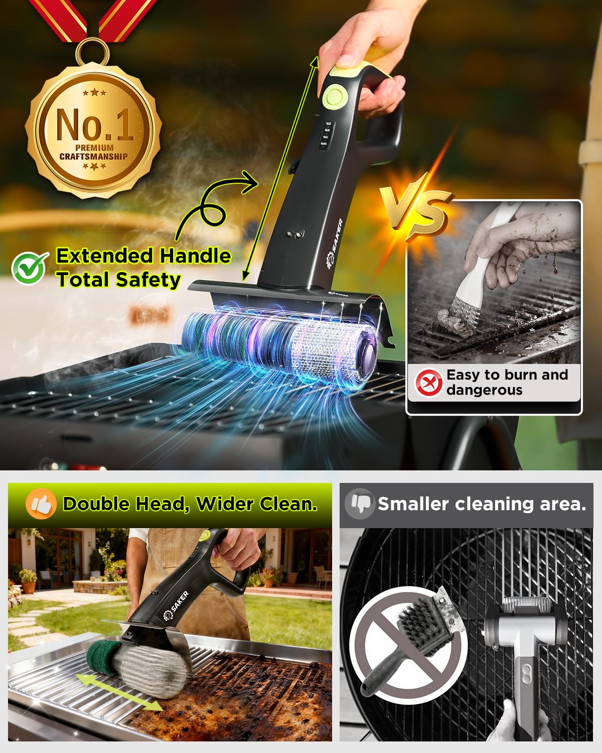 Saker bristle-free safety design eliminates loose bristles during grilling cleanup.